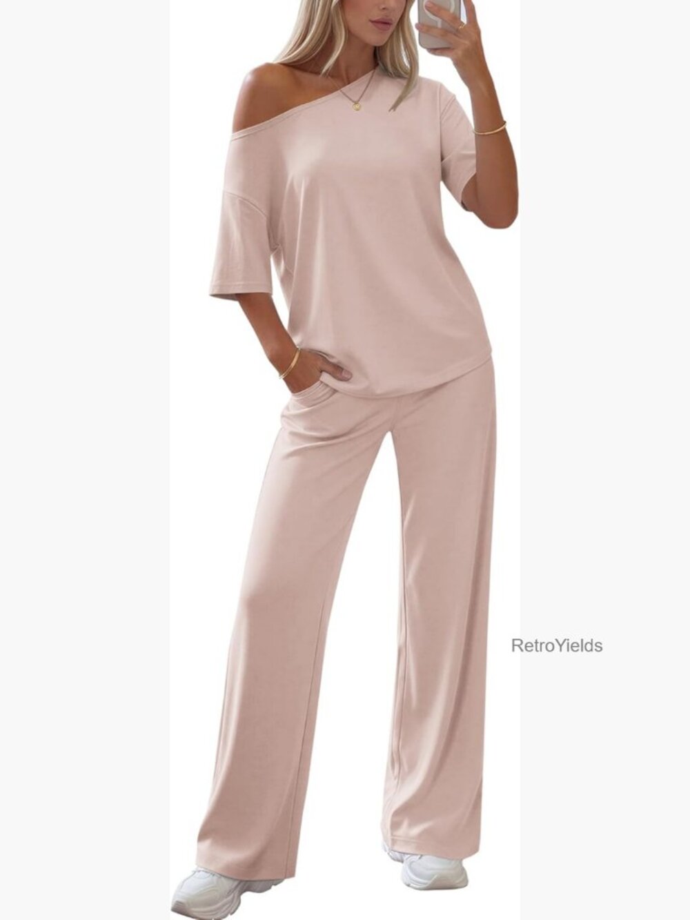 Off Shoulder Lounge Set, 2 Piece Matching Outfit, Short Sleeve Top, Long Pants